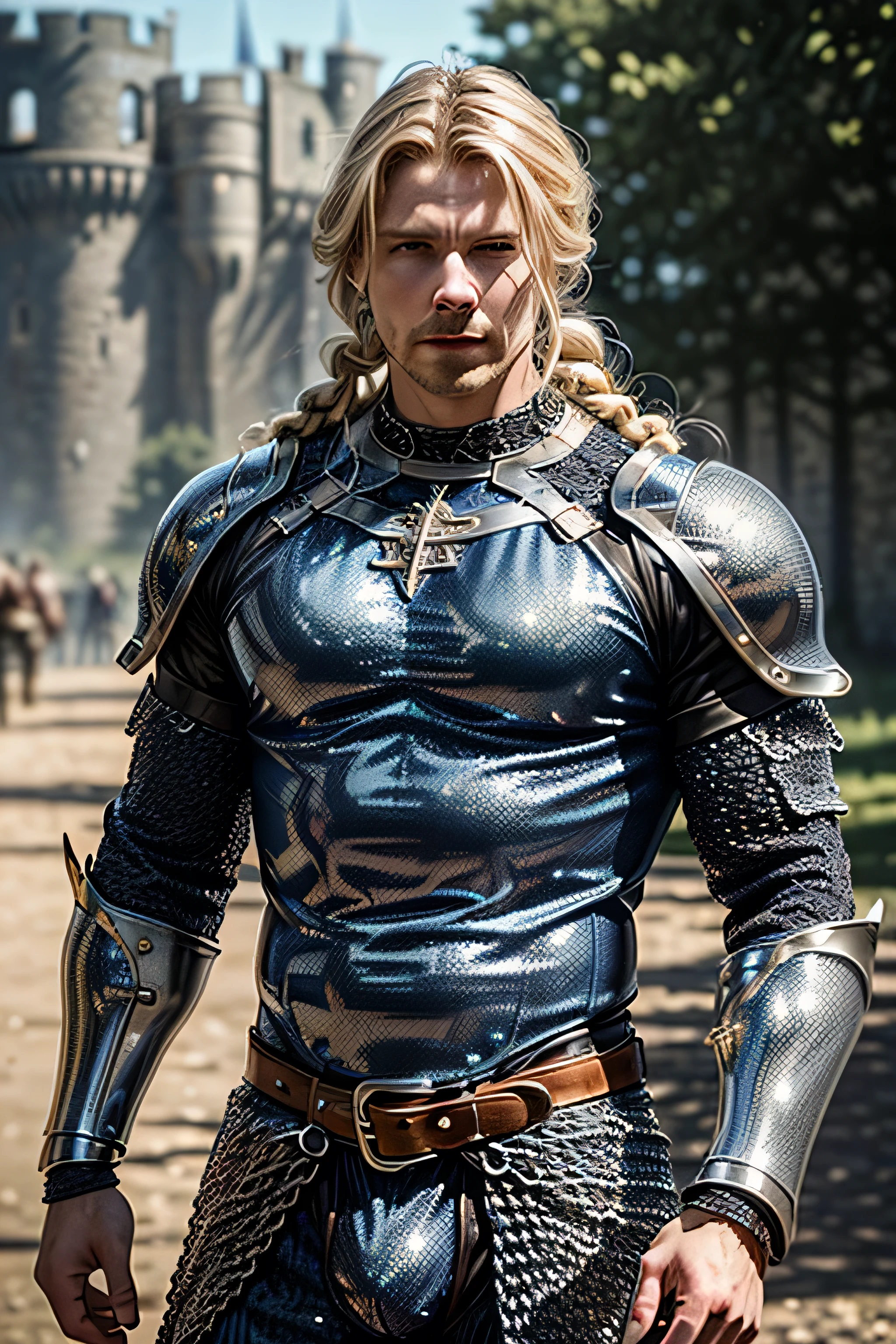 (masterpiece, photorealistic:1.4, extremely intricate:1.3), (photon mapping, radiosity, physically based rendering, ultra resolution, hyper-realistic, photorealistic:1.4, hyper-realistic, 8K), muscular man, ((blue chrome perfectchainmail armor:1.4, (torso photograph, showing off his giant bulge)), metal reflections, outdoors, medieval battlefield, intense sunlight, far away castle, moat, (blonde hair straight thin braid, dynamic pose), sharp focus, dramatic, award winning, cinematic lighting, (film grain, bokeh, interaction)