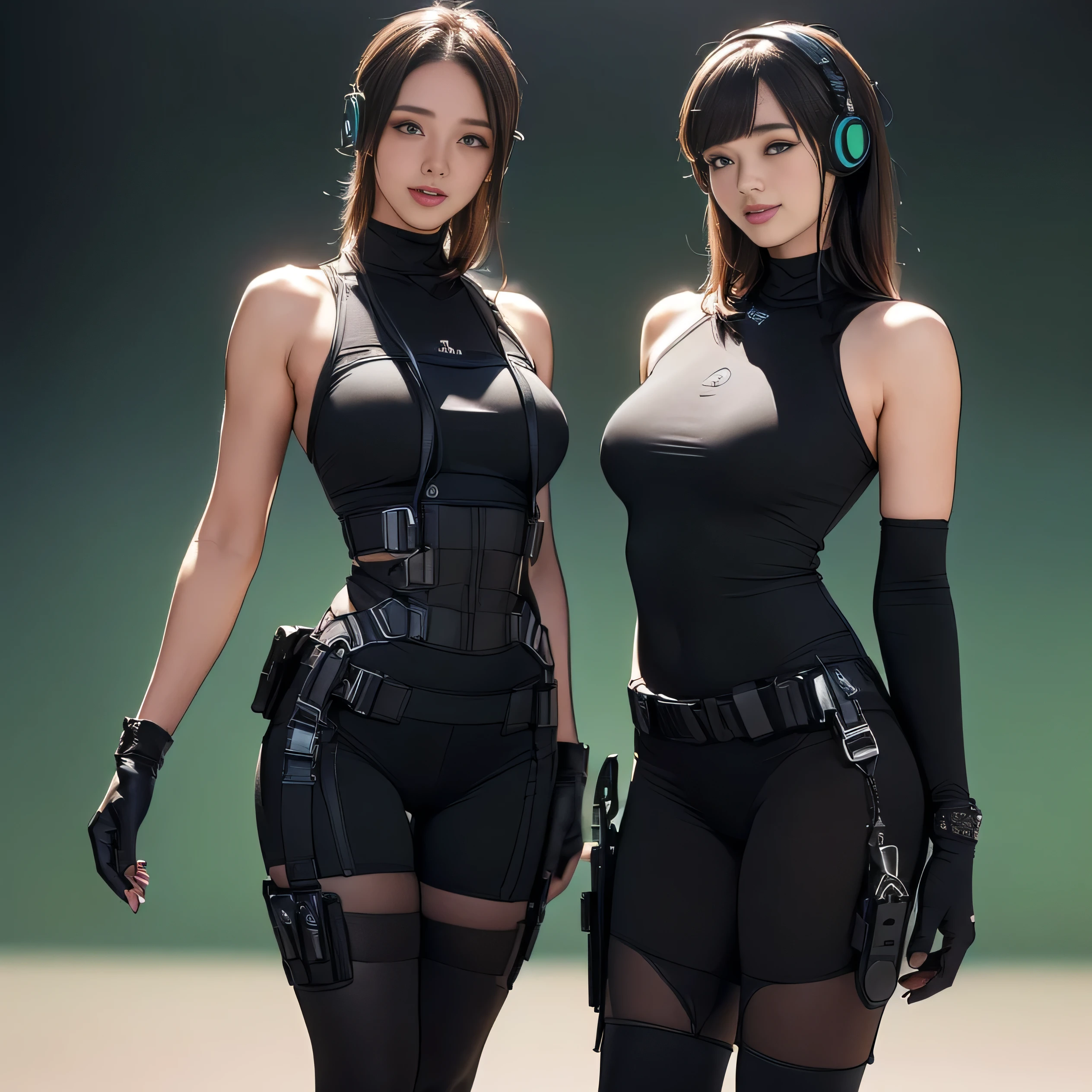(Two Women),(((Women standing side by side:1.5))),((Black tactical tights:1.5)),((Black headphones:1.5)),((Black Tactical Holster:1.5)),(Black Gloves:1.5),((Wearing the same:1.5)),(Smile:1.5),(beautiful eyes:1.3),(Very detailedな顔:1.5),((Very detailed drawing of a female hand:1.5)),((muscular:1.5)),(Sexy appearance:1.5),((Thick thighs:1.5)),(Beautiful Body:1.5),((Very sensual:1.5)),(Background is the city:1.5),(((Blurred Background:1.5))),(Written border depth:1.5),rest(((masterpiece:1.5),(best quality:1.5),(Very detailed:1.5),(high resolution:1.5),(Practical:1.5),(Practical:1.5),(Delicate depiction),(Carefully drawn))),8k,wallpaper