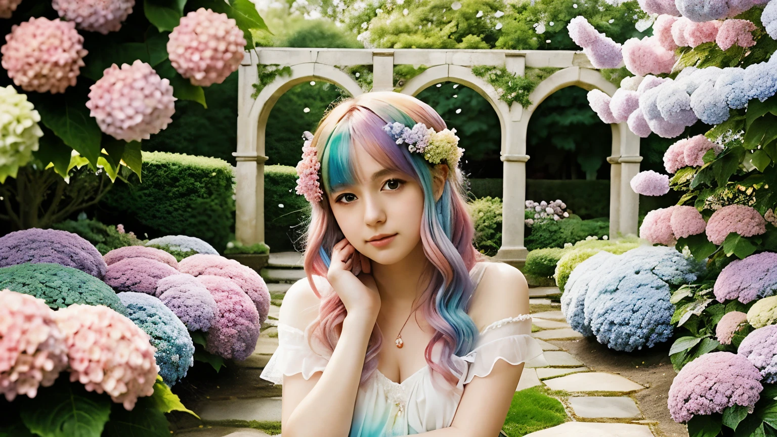 A beautiful anime girl with rainbow hair and eyes is resting in a magical garden. She is surrounded by pastel-colored hydrangeas, and a double rainbow arches over the scene. The style is light and dreamy, with a soft focus and ethereal quality.