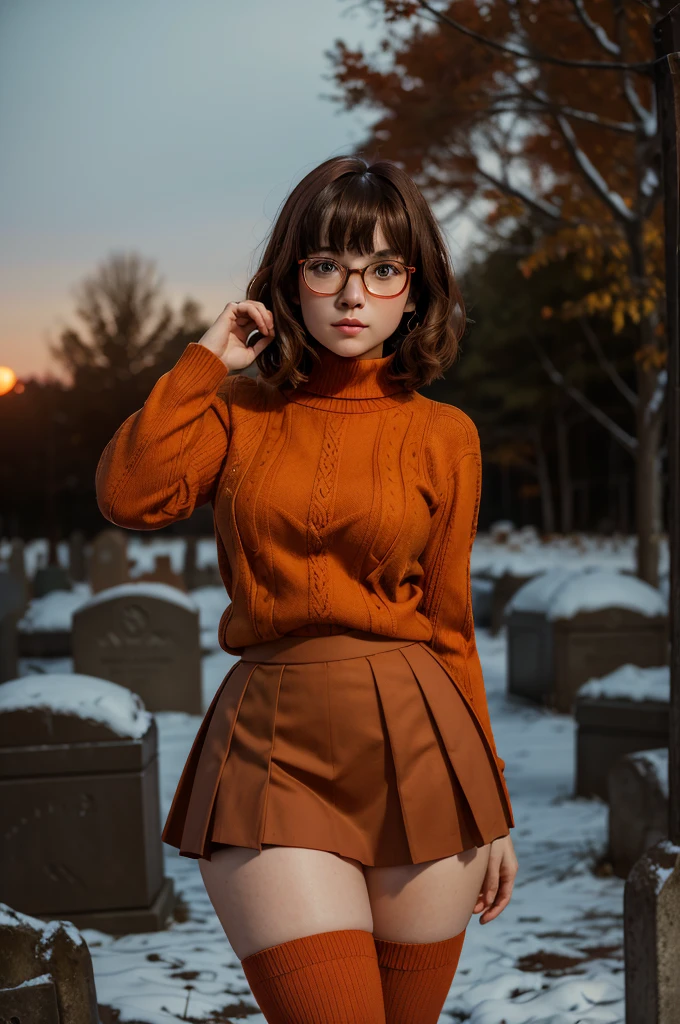 young 20-year-old female with a beautiful face, short brown hair with bangs, dark red skirt, white pale skin, glasses, orange turtle neck sweater, orange stockings, thin waist, wide hips, thick thighs, graveyard at night, mysterious