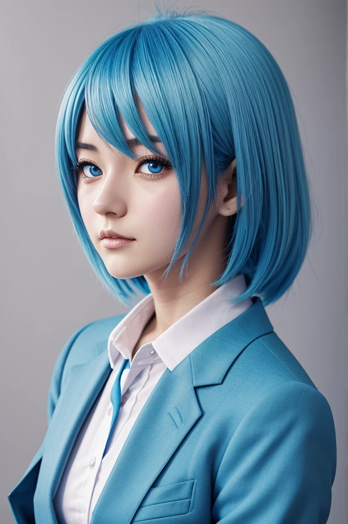 2D anime girl in Kuroshitsuji manga style with light blue hair and eyes of the same color dressed in a suit