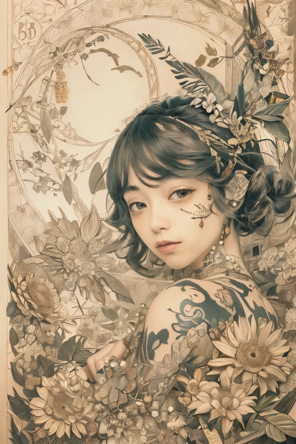 ((((masterpiece))), tattoo、Highest quality, An illustration, Beautiful details shine,
paper_cut, The details of a fragile girl&#39;s face captured on camera, wood, moon, butterfly,Wind、star、spider、Ladybug、centipede