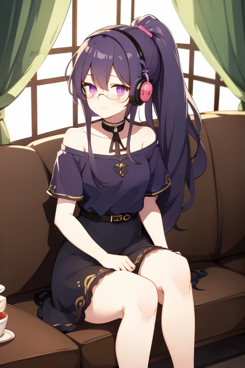 Dull purple hair, ponytail, hairclip, glasses, small scar under eye, cyan and violet eyes,tired looking eyes, headphones on neck, bored/blushing, humongous chest, loose oversized shirt over shoulder, sexy, sitting on couch, soft lighting,bust, super high-quality, waist down