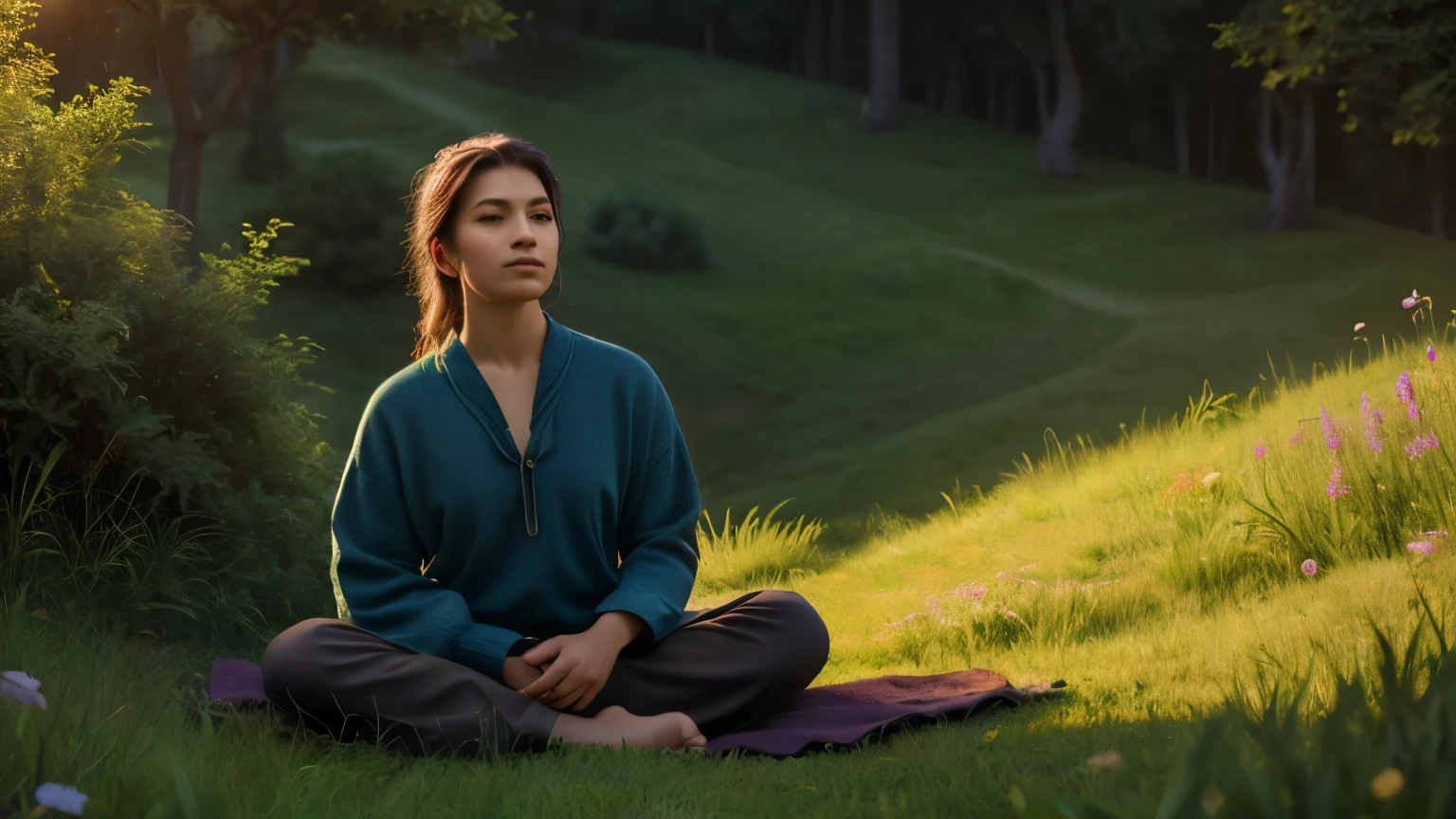 a highly detailed person meditating on a hill, wide clothing, cinematic lighting, intricate details, photorealistic, 8k, ultra-detailed, masterpiece, dramatic colors, warm tones, chiaroscuro lighting, peaceful atmosphere, serene expression, spiritual energy, natural environment, lush greenery, rolling hills, tranquil landscape