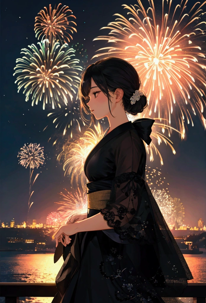 silhouette、night、Fireworks