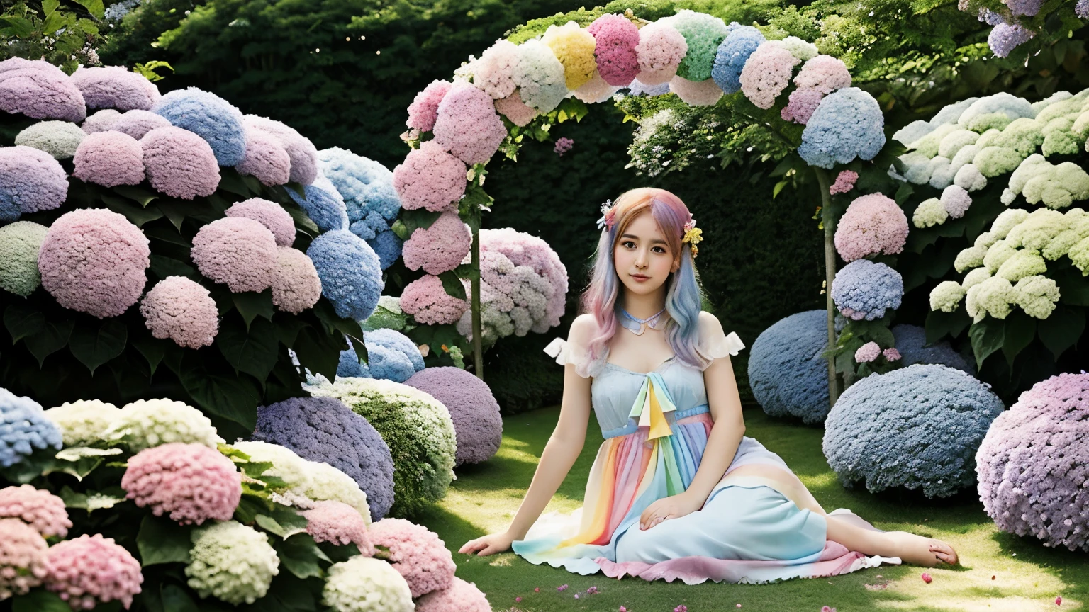 A beautiful anime girl with rainbow hair and eyes is resting in a magical garden. She is surrounded by pastel-colored hydrangeas, and a double rainbow arches over the scene. The style is light and dreamy, with a soft focus and ethereal quality.