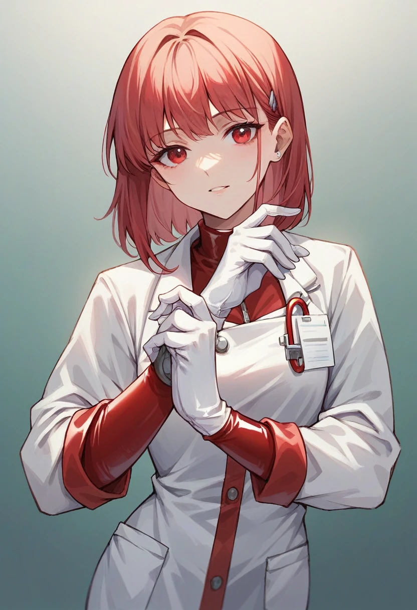 1girl, bangs, ((white surgical gloves)), ((surgical gloves)), ((latex gloves)), ((((long sleeves)))), ((red surgeon outfit)), looking at viewer, ((red doctor outfit)), standing, solo