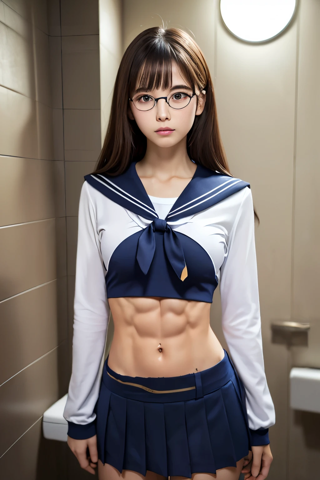 (Highest quality)), ((masterpiece)), (detailed), Tabletop:1.0), (Highest quality:1.4), (High resolution:1.2), Realistic photo-like artwork:1.1,Realistic:1.4,8k, RAW Photos:1.3,Sharp focus:1.2,A very small breasted 18 year old Japanese girl, Beautiful symmetrical eyes,((Wearing round glasses:1.2)),美しいthinメイクのアイドル顔,thin and slightly thin eyebrows, Slightly round face,(Serious expression with mouth completely closed:1.25),(Dark brown long hair:1.2),(Beautiful white detailed skin:1.2),((Very dark and dirty:1.3,Large public toilet:1.35)),(Frontal head to knee shot looking towards you:1.3,),(Spotlight from below:1.25),(((A super short, shiny navy blue, super tight long sleeve sailor uniform that fits super tightly around a very small chest:1.24,.Covering the chest:1.8))),((Super tight fitting ultra mini shiny navy blue micro pleated skirt :1.3)),((thin 生地のblack knee-high socks:1.2)),(((Very small breasts:1.99))),((Well trained, Slender body:1.62)),(Short torso:1.4),(Broad shoulders:1.3),(Tight waist:1.34),(Small Ass:1.3),(The hip bones are visible),(((Fine abdominal muscles:1.59))),(thin, muscular limbs:1.4),(Slender lower body:1.5,Very thin thighs:1.67)