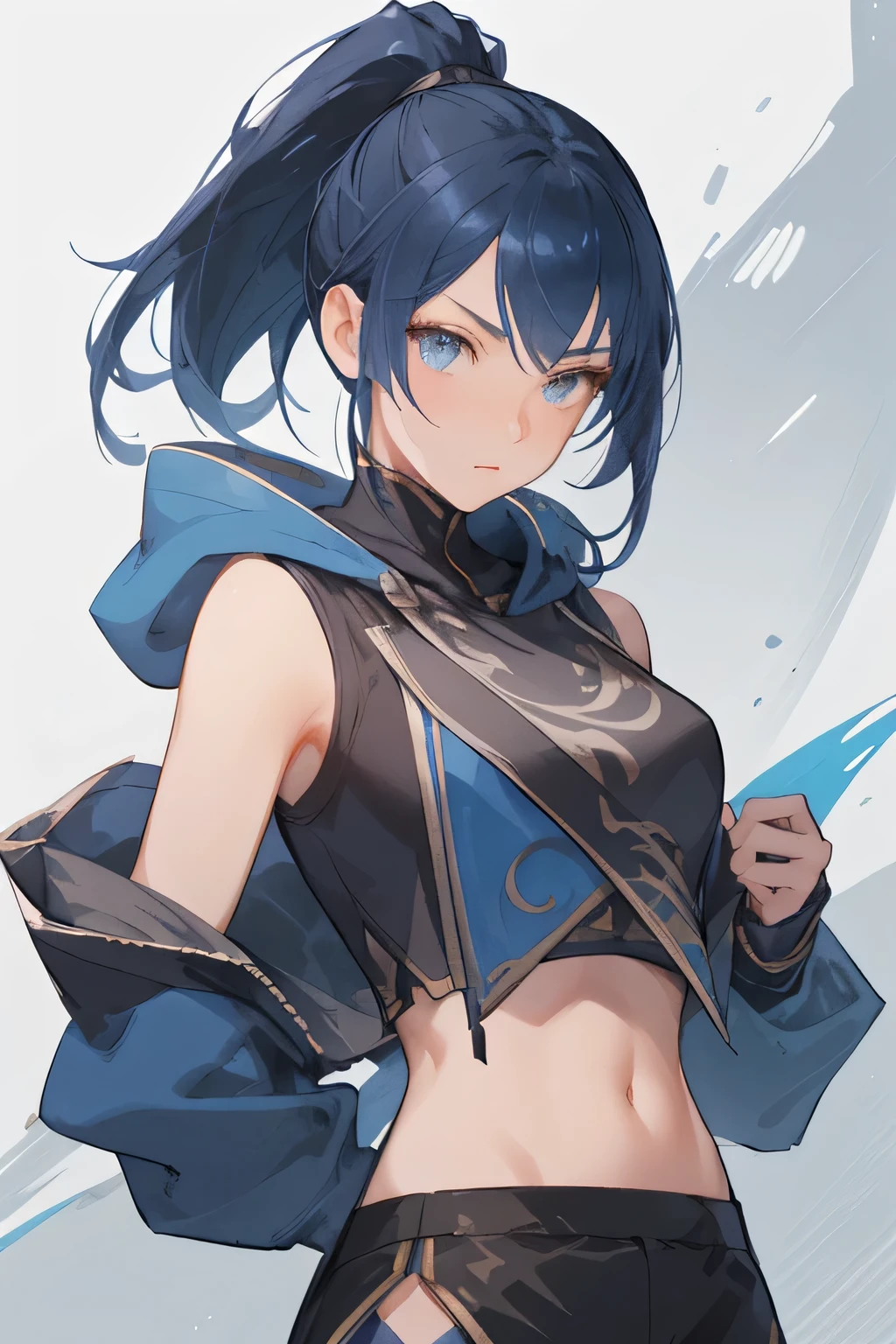 Kitana from Mortal Kombat 1, Make her face Arknights style looks like face, sharp slanted eyes, tounge out,tounge,Ponytail dark hair, shoulder long hair,the outfit are dark blue street wear colour,crop top oversized hoodie + cargo shortpants street wear, holding chinese traditional fan and blade, 1girl, soft blue one colour background