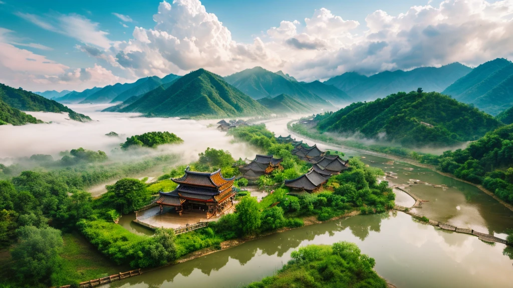 Natural beauty, Ancient Chinese village.  river, mountain. cloud, Temple. Aerial view,mystical beauty, 8k