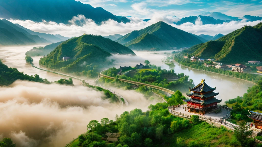 Natural beauty, Ancient Chinese village. river, mountain. cloud, Temple. Aerial view,mystical beauty, 8k