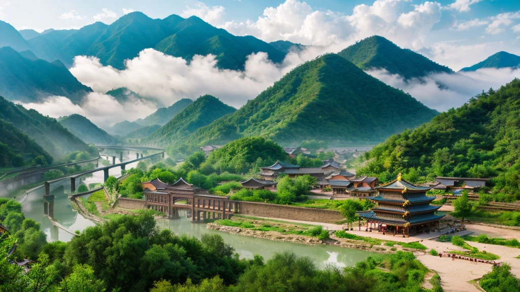 Natural beauty, Ancient Chinese village. river, mountain. cloud, Temple. Aerial view,mystical beauty, 8k