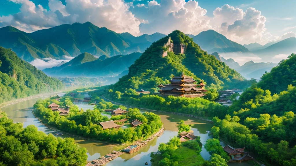 Natural beauty, Ancient Chinese village. river, mountain. cloud, Temple. Aerial view,mystical beauty, 8k