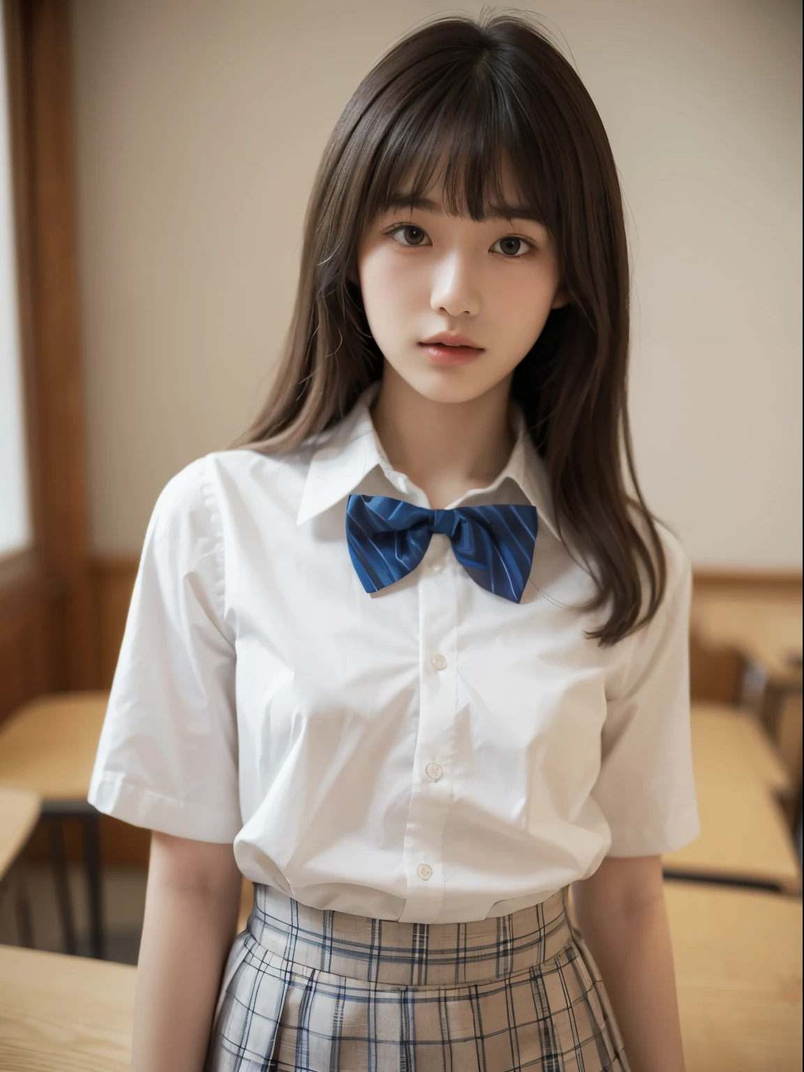 (8k, Top quality, Masterpiece:1.2), (Realistic, photo-realistic:1.37), Super detailed, perfect anatomy, cute, small eyes, 18 years old, a Japanese, girl, white shirt, bow tie, school skirt, blunt bangs,