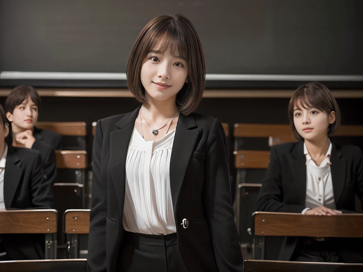 (A female teacher teaching a class in front of a school blackboard:1.5)、(Left hand raised straight up)、(I can see all the way to my fingertips:1.5)、(A kind smile:1.5)、(A cute 20 year old woman:1.5)、(The best quality at its best:1.4), (Super detailed), (Very detailed CG unified 16k), Beautiful woman with perfect figure: 1.4, Sharp focus: 1.2, Very detailed, High-quality RAW color photos, Professional photography, Great face and eyes, cosmetics, (Amazingly beautiful girl), ((Black suit with white blouse:1.5)), Realistic movie faces, Full body long view from head to toe, Realistic, ((Realistic natural orange red hairstyle)), ( Short Bob Hair:1.5), (necklace:1.5)、, Very beautiful face, Perfect model beauty, Mouth swelling, Highly detailed face and skin texture, Fine grain, double eyelid, Medium chest, (masterpiece), Highest quality, High resolution, Very detailed, Blurred Background, Depth of written boundary, Cinema Lighting, Great legs, , Clear, well-maintained skin,((Full body shot from head to toe:1.5))
