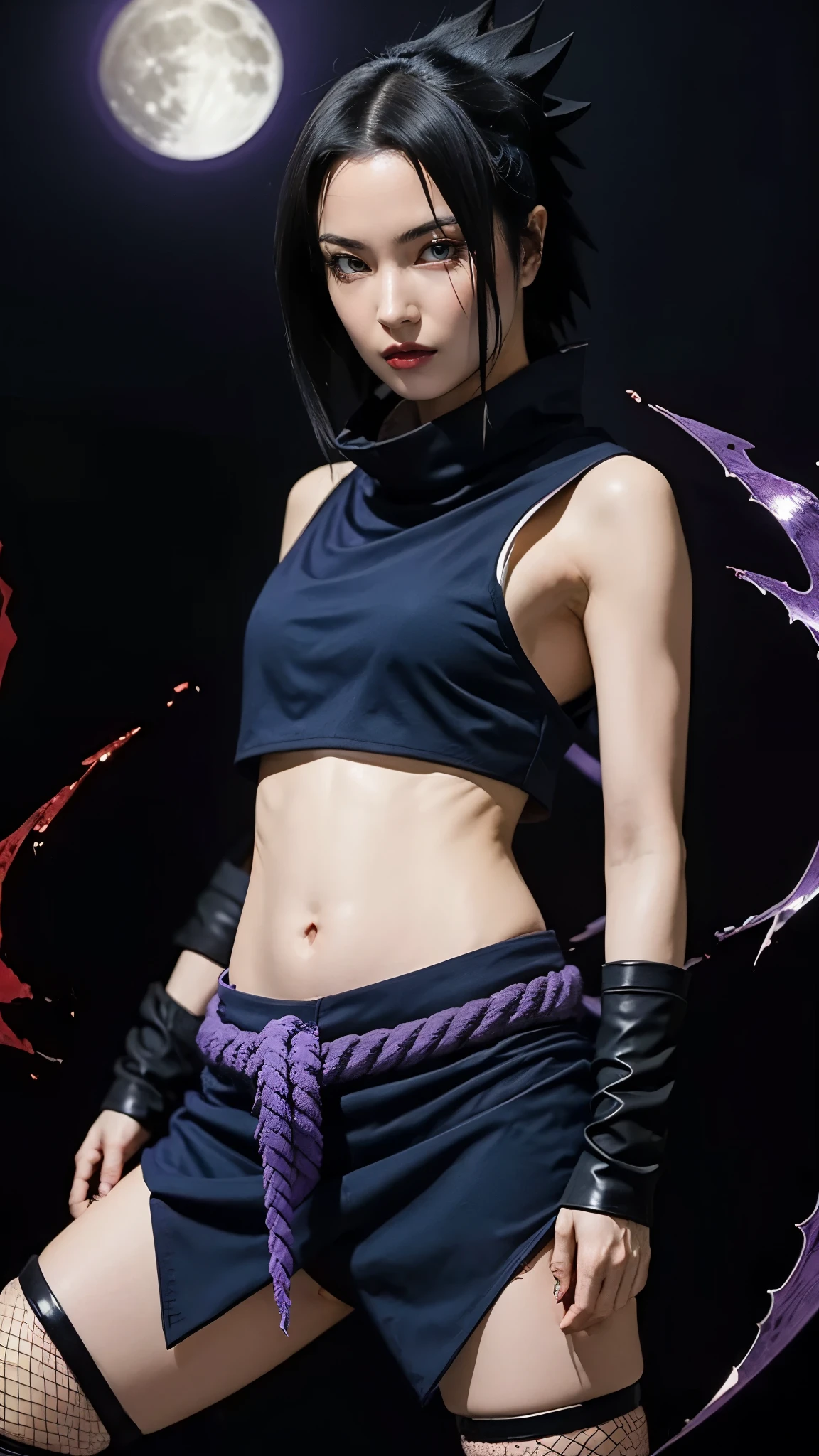 Moisturized skin, (red eyes: 1.4), perfect body, adult female body, mature, cold expression,
BREAK,
(beautiful navel), (kunoichi), (ninja), sexy, (kunai), (leather), fishnet, (fishnet stockings: 1.2), (black clothes), bright red lipstick, (ninja clothes: 1.4),
BREAK,
(highly realistic hair: 1.2), spiky black hair, spiky hairstyle,
BREAK,
((masterpiece + highest quality + high resolution + highly detailed)), (full body: 1.2), symmetrical, one shot,
BREAK,
(real blue electricity flows), (wind blows), (battle stance: 1.4), ((big full moon in the sky)),
BREAK,
(Uchiha Sasuke: 1.3), elegant, neon city, night, long, big, thick rope tied around waist, ((real purple electricity runs all over)),