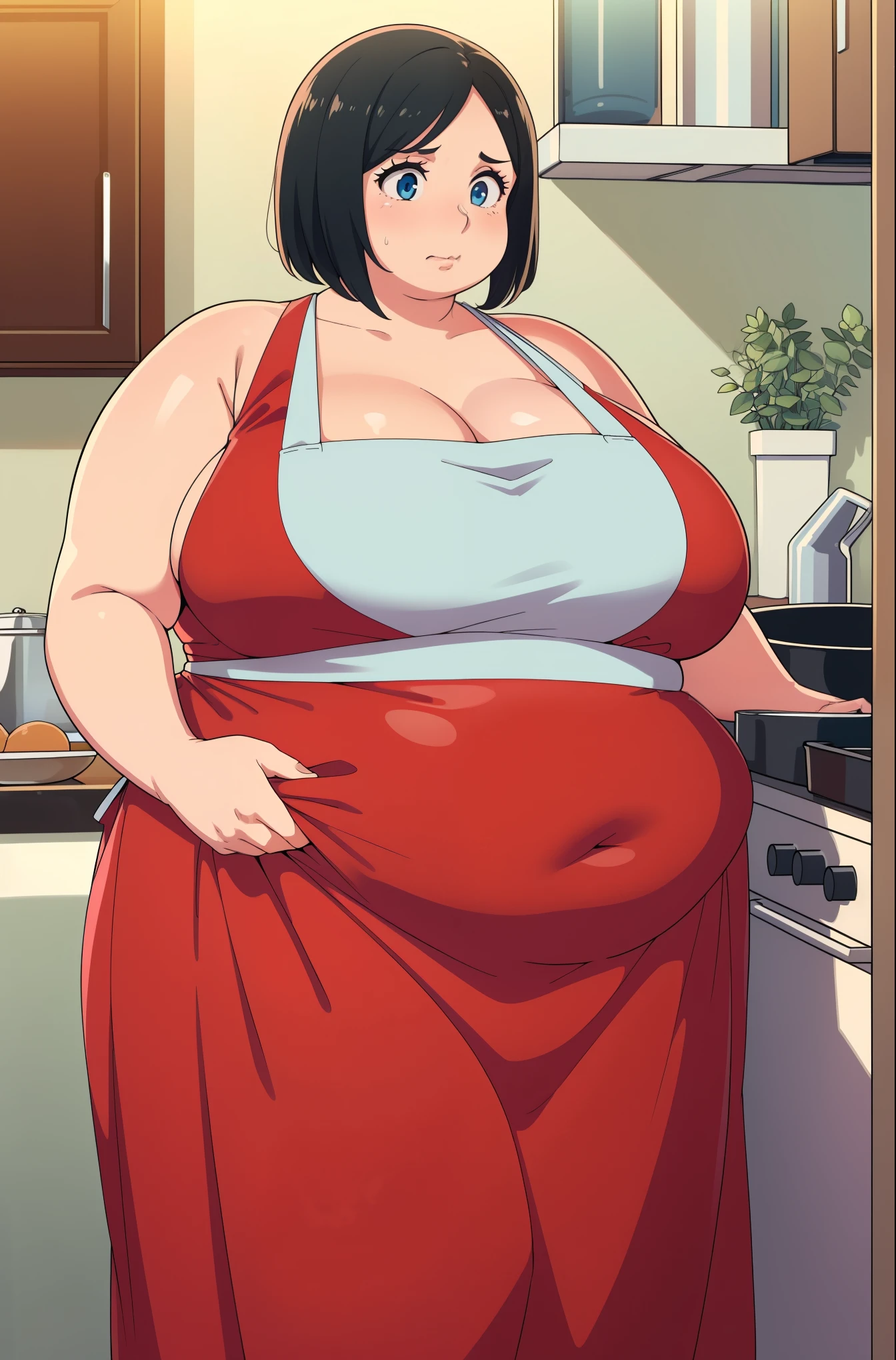 (Morbidly obese:1.1)1girl, solo, black hair, blue eyes, , middle aged, mommy, (massive sagging brea, cute red dress, housewife, apron, kitchen, looking in distance, thinking