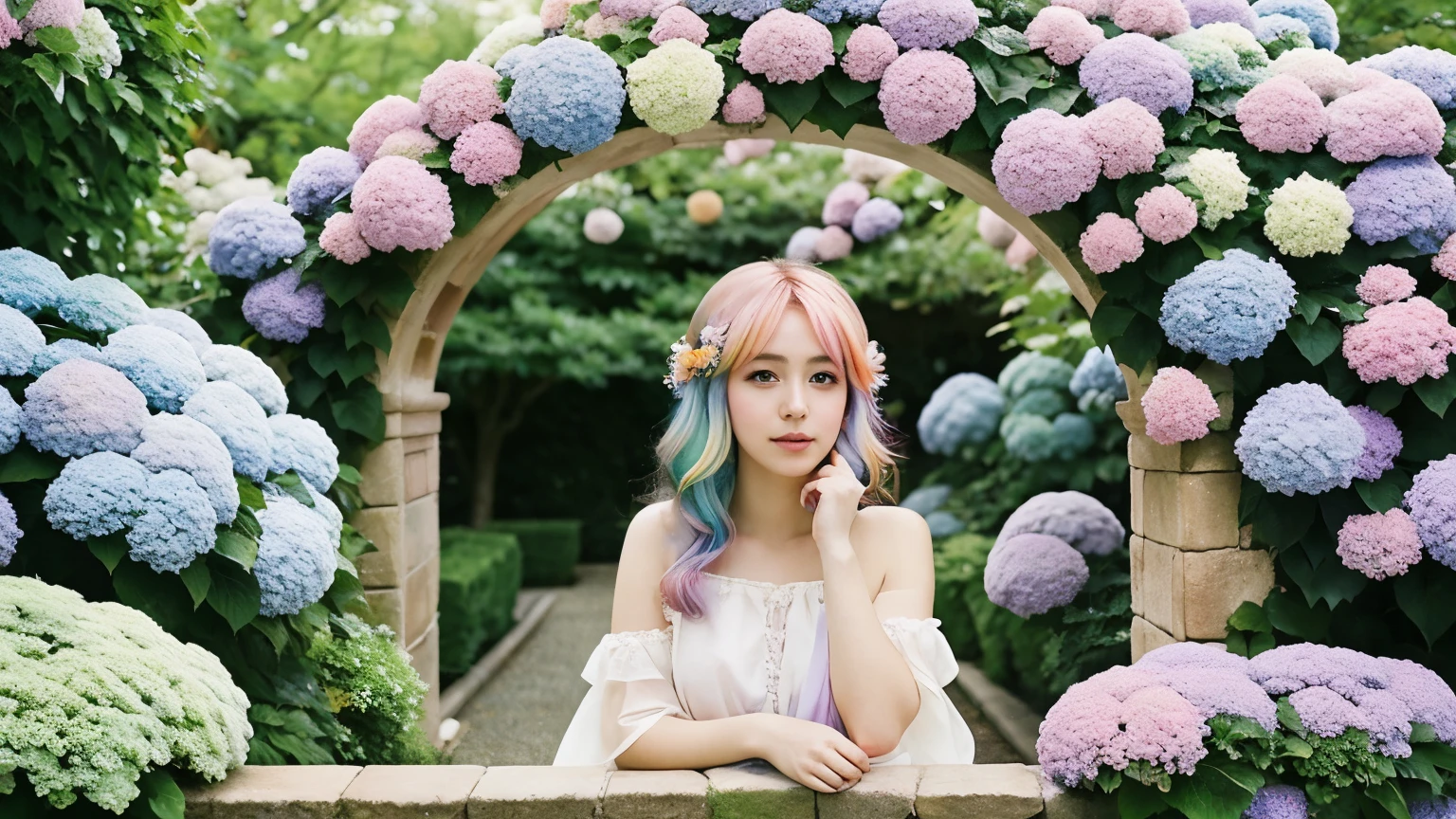 A beautiful anime girl with rainbow hair and eyes is resting in a magical garden. She is surrounded by pastel-colored hydrangeas, and a double rainbow arches over the scene. The style is light and dreamy, with a soft focus and ethereal quality.