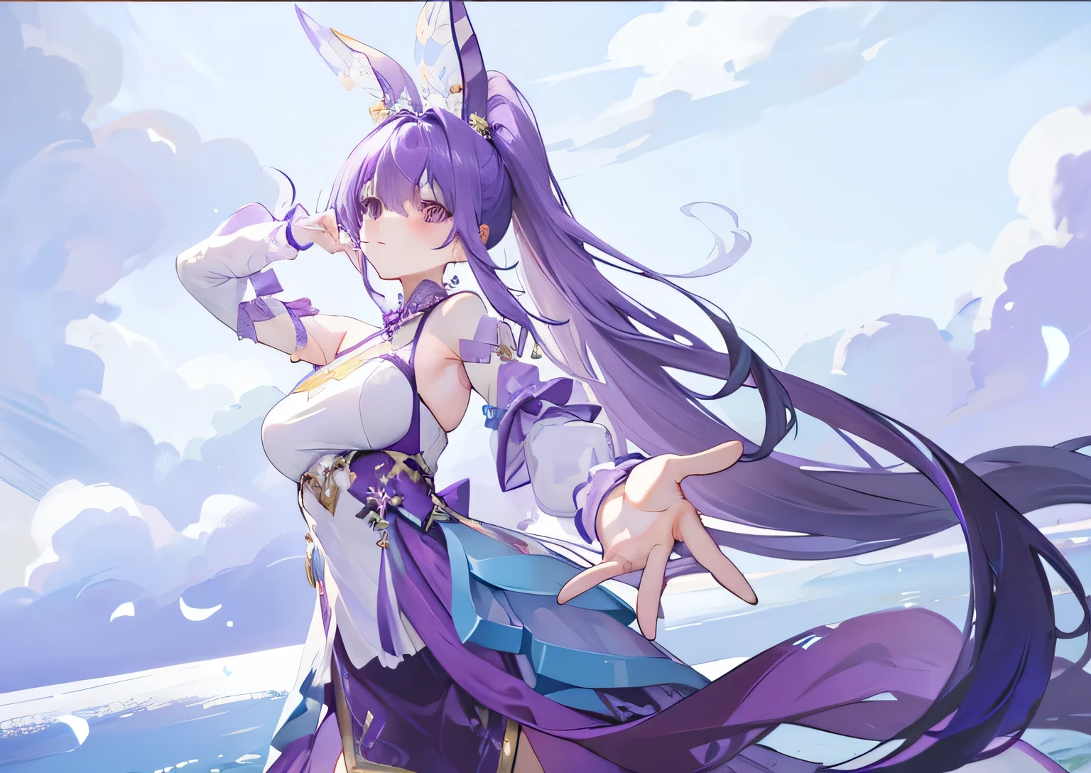 Long purple bangs,High Ponytail Hairstyle,Simple dress in purple, And white accessories,Cute and lively beautiful girl,Glamorous