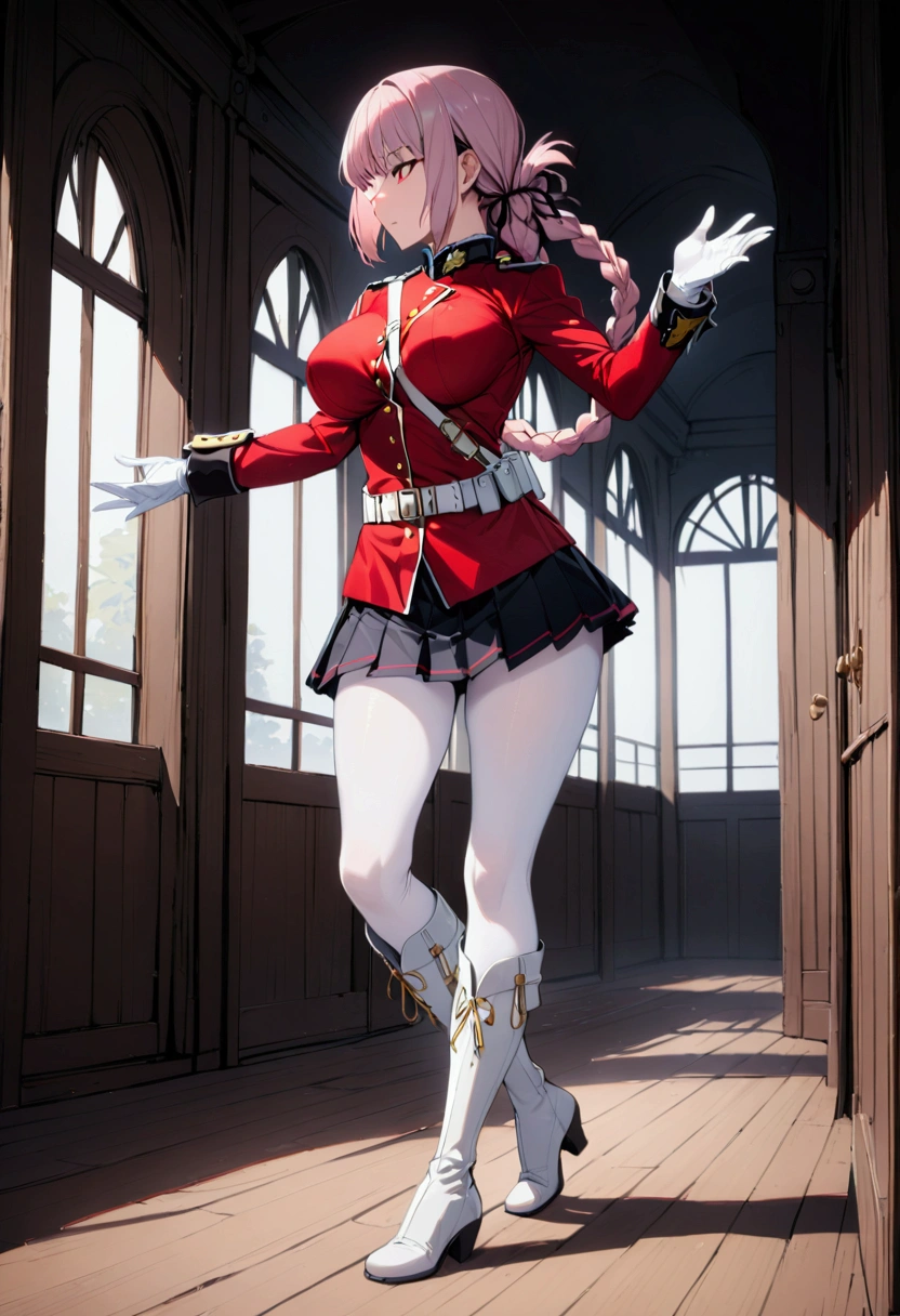 florence nightingale \(fate\), 1girl, solo, masterpiece, best quality, highres, braid, single braid, pink hair, long hair, hair ribbon, red eyes, large breasts, military uniform, red jacket, strap between breasts, white gloves, belt, pleated skirt, black skirt, white pantyhose, knee boots, white legwear, full body, outstretched hand, 