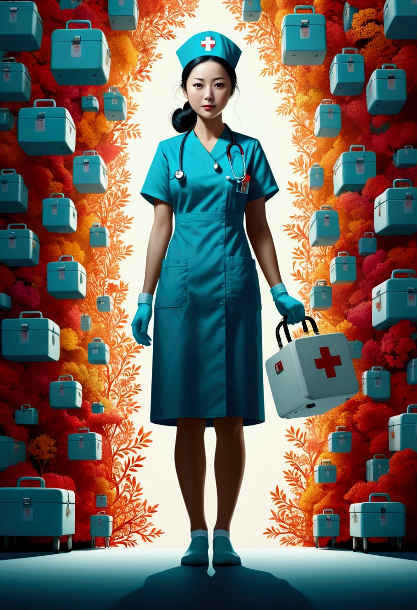 Nurse, full body, by Tang Yau Hoong, cinematic still, (best quality, masterpiece), very aesthetic, perfect composition, photorealistic, intricate details, ultra-detailed, vivid colors