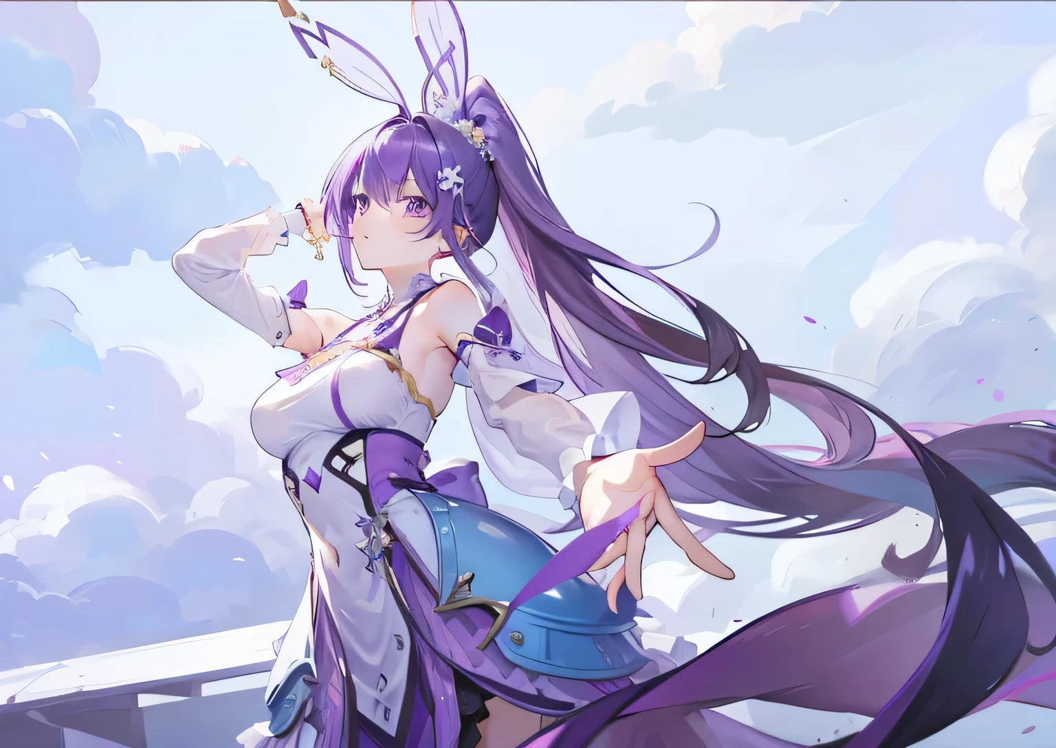 Long purple bangs,High Ponytail Hairstyle,Simple dress in purple, And white accessories,Cute and lively beautiful girl,Glamorous