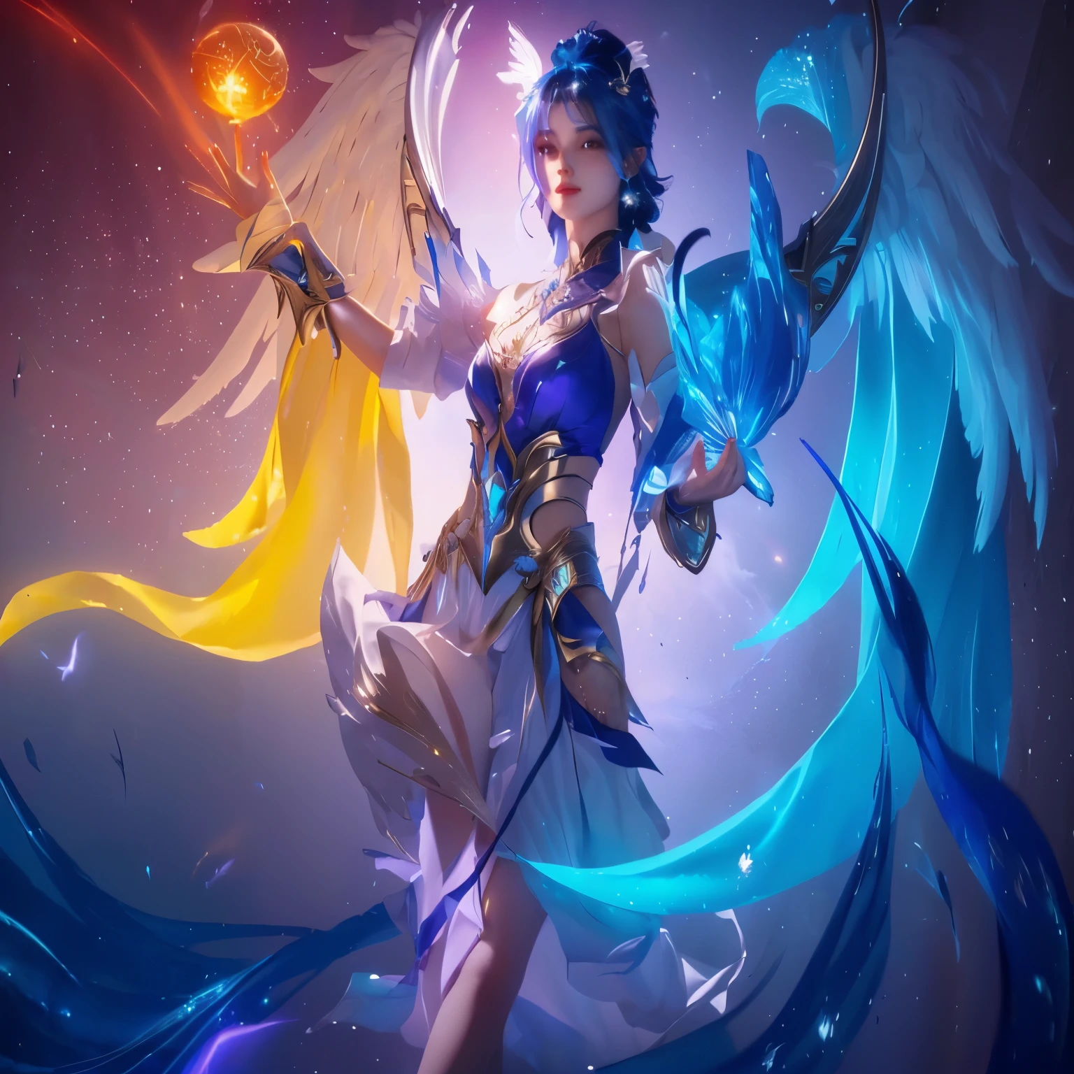 a beautiful woman with wings holding a glowing ball and a sword, beautiful celestial mage, style artgerm, splash art