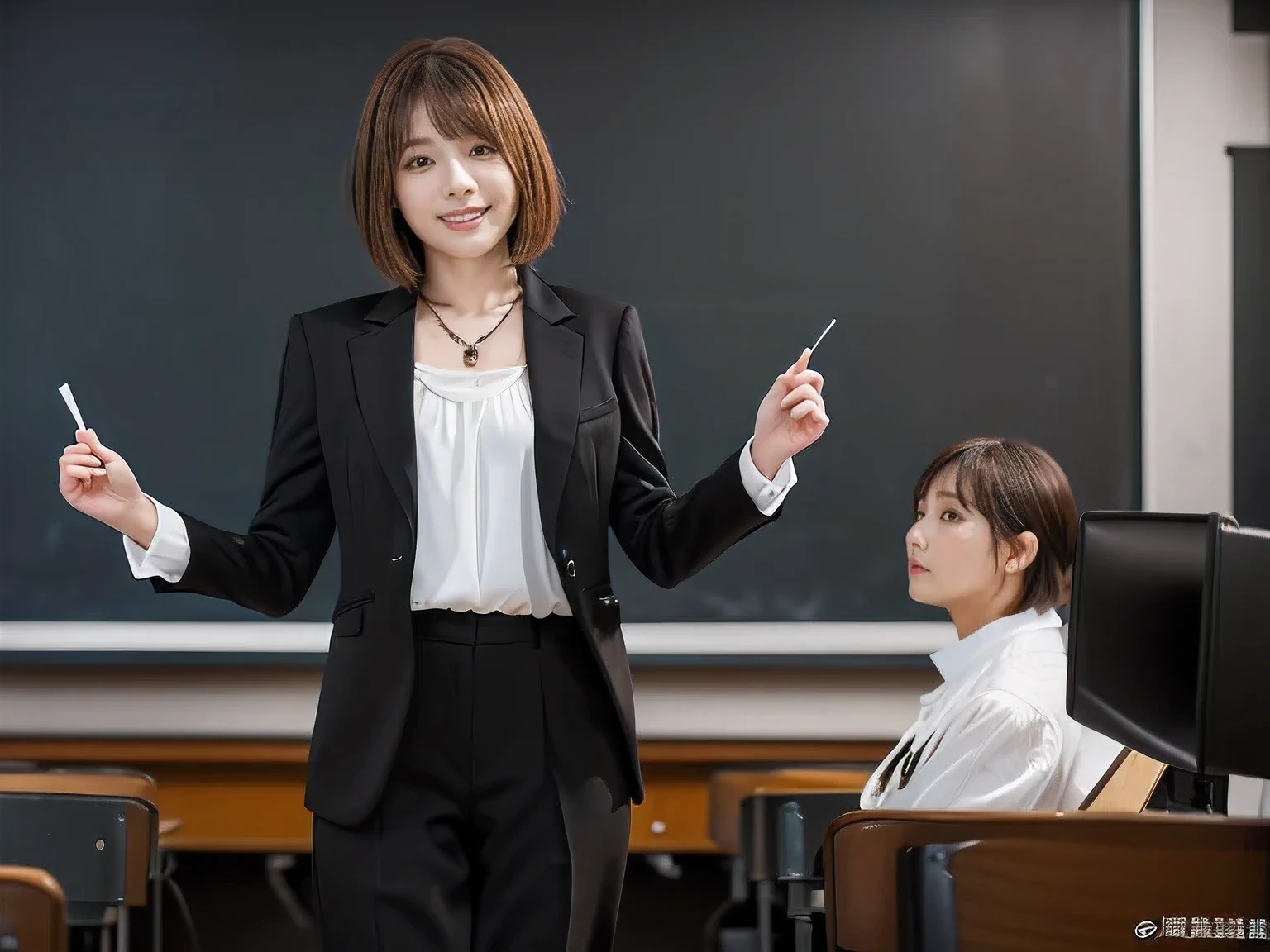 (A female teacher teaching a class in front of a school blackboard:1.5)、(Left hand raised straight up)、(I can see all the way to my fingertips:1.5)、(A kind smile:1.5)、(A cute 20 year old woman:1.5)、(The best quality at its best:1.4), (Super detailed), (Very detailed CG unified 16k), Beautiful woman with perfect figure: 1.4, Sharp focus: 1.2, Very detailed, High-quality RAW color photos, Professional photography, Great face and eyes, cosmetics, (Amazingly beautiful girl), ((Black suit with white blouse:1.5)), Realistic movie faces, Full body long view from head to toe, Realistic, ((Realistic natural orange red hairstyle)), ( Short Bob Hair:1.5), (necklace:1.5)、, Very beautiful face, Perfect model beauty, Mouth swelling, Highly detailed face and skin texture, Fine grain, double eyelid, Medium chest, (masterpiece), Highest quality, High resolution, Very detailed, Blurred Background, Depth of written boundary, Cinema Lighting, Great legs, , Clear, well-maintained skin,((Full body shot from head to toe:1.5))
