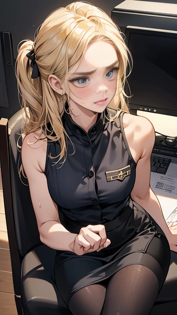 {{masterpiece}}, {{{Highest quality}}},{{Very detailed}},{{{from below}}},{{Blonde female police officer sitting on a chair}}Pencil skirt with slits,Black leggings,Black tights,Small breasts Black underwear、Thin legs Sleeveless police uniform,watch、Sitting in a chair in an office with a serious expression,Focus on legs{{{Sitting in a chair in an office with a serious expression成熟した女性}}},{{疲労でSweatをかいている成人女性}},Sweat,Hold the arm with one hand ,sit,{{Blushing}},{{V-shaped eyebrows}}},{{{}},{椅子にsit}},{},, ,{{}},,,{{}},{{}},,Slender body}}{{Female police officer}},,blush,Wrinkles ,amount,Grit your teeth,suffering,v-shaped eyebrows.,Sweat dripping ,get annoyed,,Inside the office,