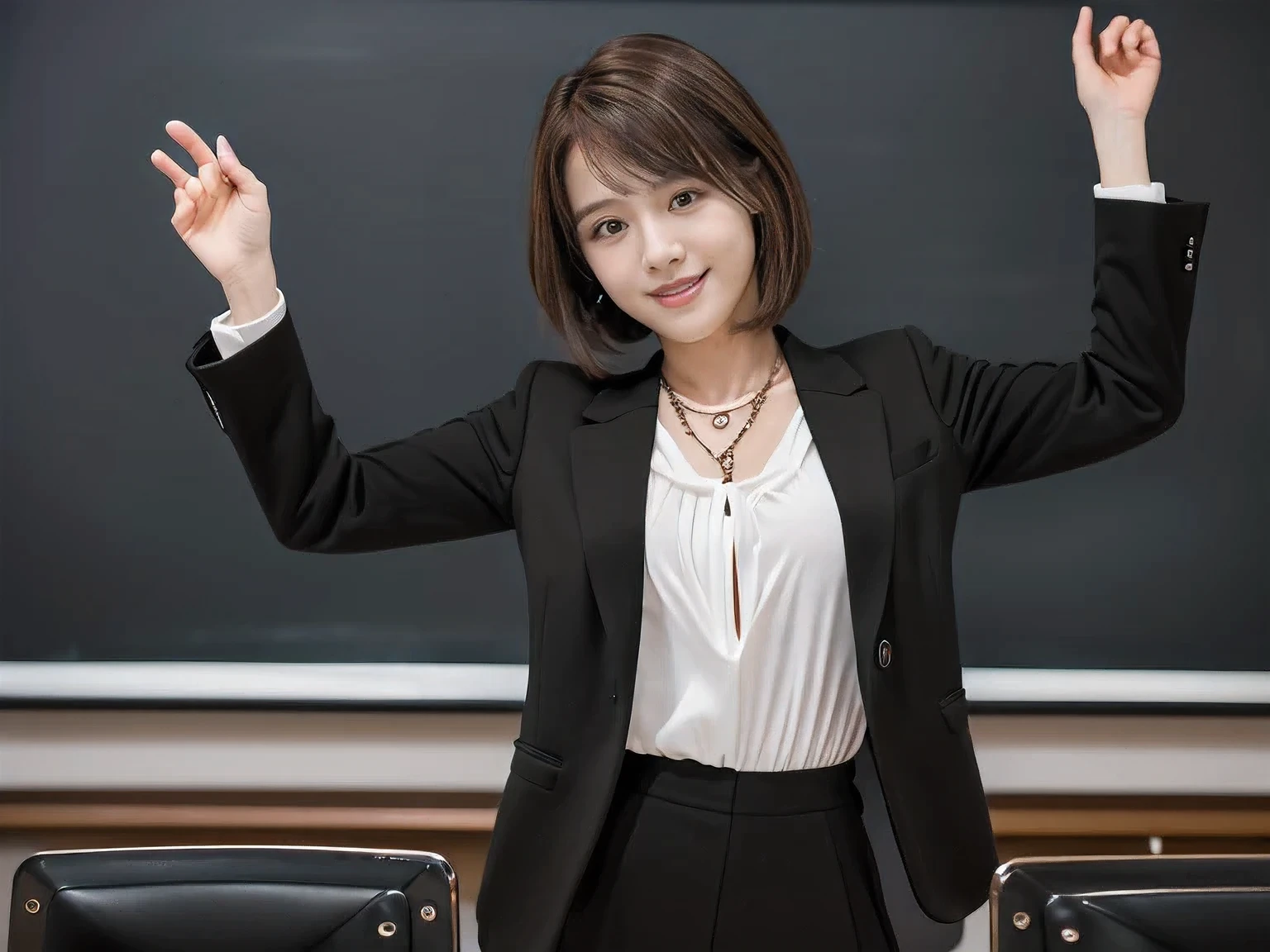 (A female teacher teaching a class in front of a school blackboard:1.5)、(Left hand raised straight up)、(I can see all the way to my fingertips:1.5)、(A kind smile:1.5)、(A cute 20 year old woman:1.5)、(The best quality at its best:1.4), (Super detailed), (Very detailed CG unified 16k), Beautiful woman with perfect figure: 1.4, Sharp focus: 1.2, Very detailed, High-quality RAW color photos, Professional photography, Great face and eyes, cosmetics, (Amazingly beautiful girl), ((Black suit with white blouse:1.5)), Realistic movie faces, Full body long view from head to toe, Realistic, ((Realistic natural orange red hairstyle)), ( Short Bob Hair:1.5), (necklace:1.5)、, Very beautiful face, Perfect model beauty, Mouth swelling, Highly detailed face and skin texture, Fine grain, double eyelid, Medium chest, (masterpiece), Highest quality, High resolution, Very detailed, Blurred Background, Depth of written boundary, Cinema Lighting, Great legs, , Clear, well-maintained skin,((Full body shot from head to toe:1.5))