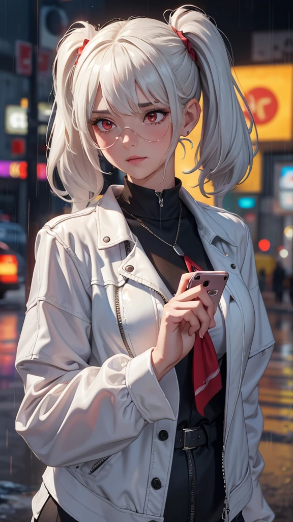 embedding:urn:air:sd1:embedding:civitai:222256@250708, score_9, score_8_up, score_7_up, 1girl, solo, breasts, short hair, medium breasts, closed mouth, upper body, white hair, (twintails), red eyes, frontal bangs, side bangs, white shirt, translucent top, lips, wet, depth of field, blurry background, phone, cellphone, wet clothes, facing viewer, smartphone, rain, water drop, blindfold, wet hair, sunglasses, very long hair, city street, c0l0urc0r3, cute, bright colours, black leather jacket, red fingernails, (masterpiece), absurdres, blurry