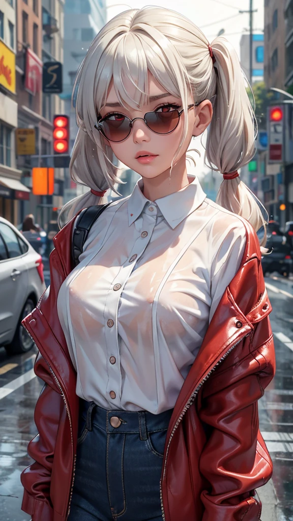 embedding:urn:air:sd1:embedding:civitai:222256@250708, score_9, score_8_up, score_7_up, 1girl, solo, breasts, short hair, medium breasts, closed mouth, upper body, white hair, (twintails), red eyes, frontal bangs, side bangs, white shirt, translucent top, lips, wet, depth of field, blurry background, phone, cellphone, wet clothes, facing viewer, smartphone, rain, water drop, blindfold, wet hair, sunglasses, very long hair, city street, c0l0urc0r3, cute, bright colours, black leather jacket, red fingernails, (masterpiece), absurdres, blurry