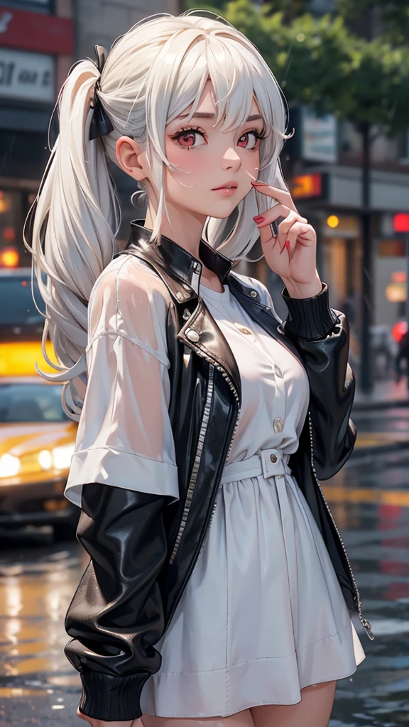 embedding:urn:air:sd1:embedding:civitai:222256@250708, score_9, score_8_up, score_7_up, 1girl, solo, breasts, short hair, medium breasts, closed mouth, upper body, white hair, (twintails), red eyes, frontal bangs, side bangs, white shirt, translucent top, lips, wet, depth of field, blurry background, phone, cellphone, wet clothes, facing viewer, smartphone, rain, water drop, blindfold, wet hair, sunglasses, very long hair, city street, c0l0urc0r3, cute, bright colours, black leather jacket, red fingernails, (masterpiece), absurdres, blurry