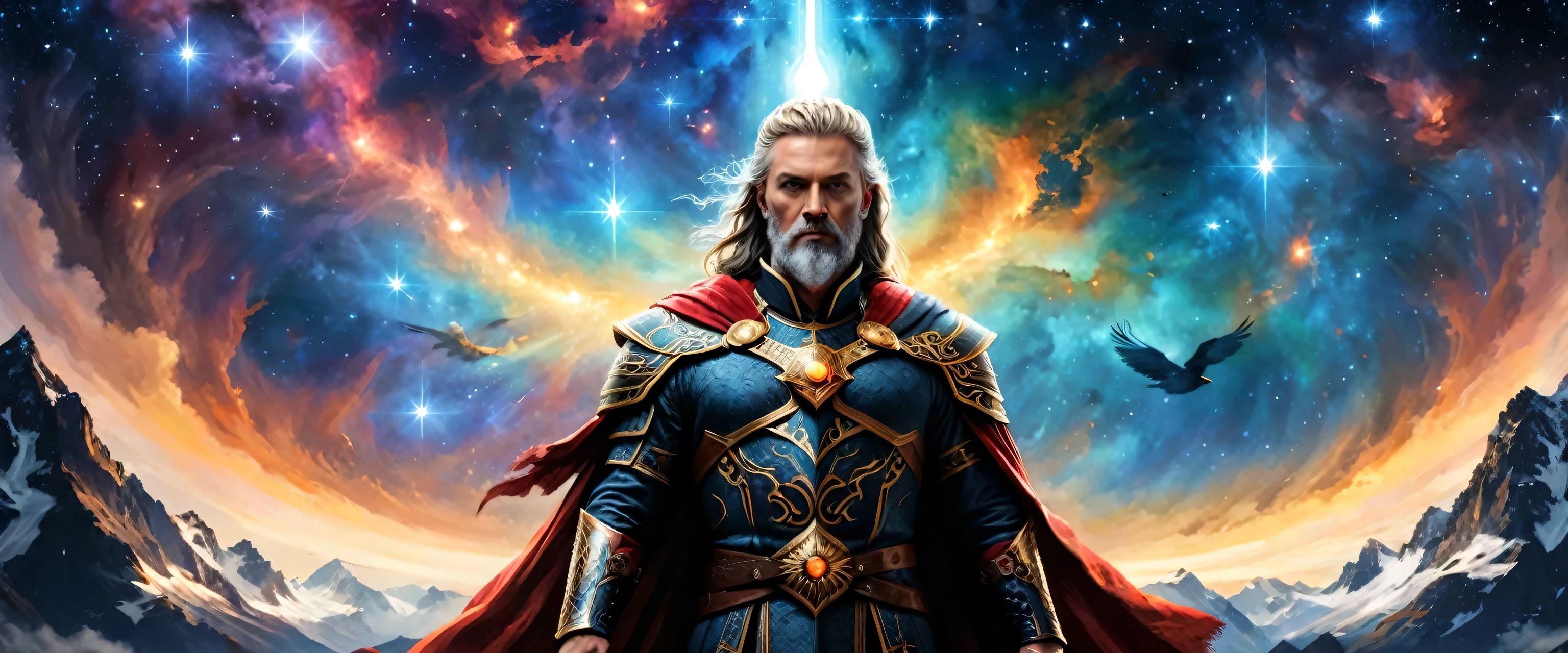 god Odin from Scandinavian mythology, centered, full body, oldman, with a golden patch over his left eye,  symmetry, painted, intricate, volumetric lighting, beautiful, rich deep colors masterpiece, sharp focus, ultra detailed, in the style of dan mumford and marc simonetti, astrophotography, crows flying back