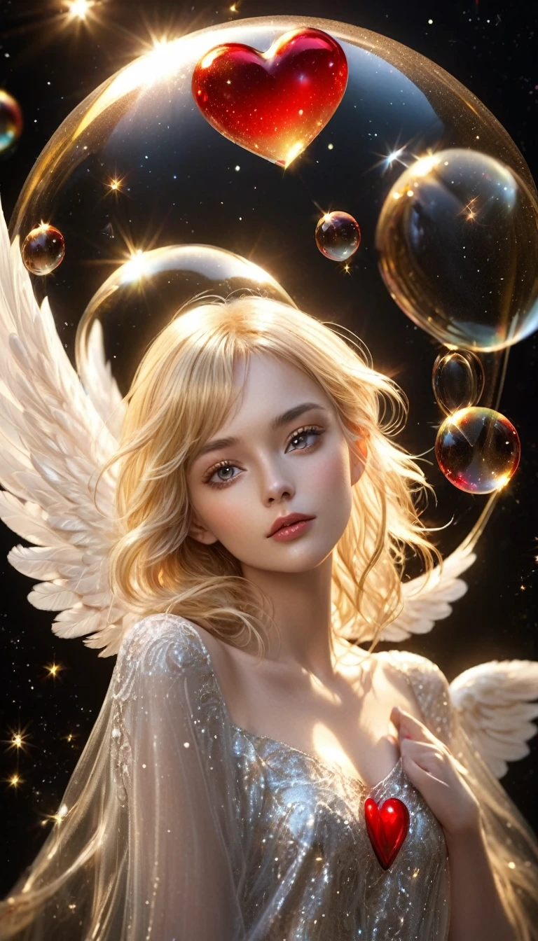 Golden transparent glass bubbles, Dark Star Background, Beautiful blonde 30 year old angel with a red heart, k resolution super detailed