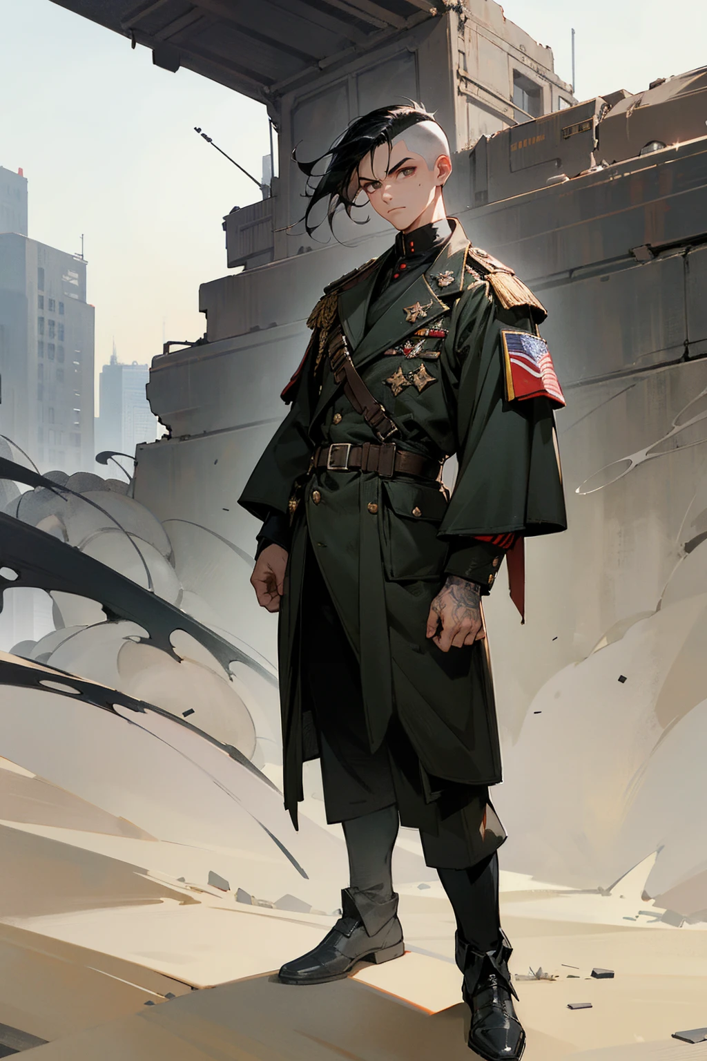 Masterpiece Quality, Perfect Generation, Sclera, Detailed Eyes, Skin, Hair, Muscular, Military Clothing, Serious Expression, , Apocalypse Background, Full Body, Skin, , , , facing viewer, Standing Outside, Clothed, , Eyes, hair, male, slicked hair, hair, , Ruined City Background, Buzz Cut, Military Cut, Military Background, Black hair