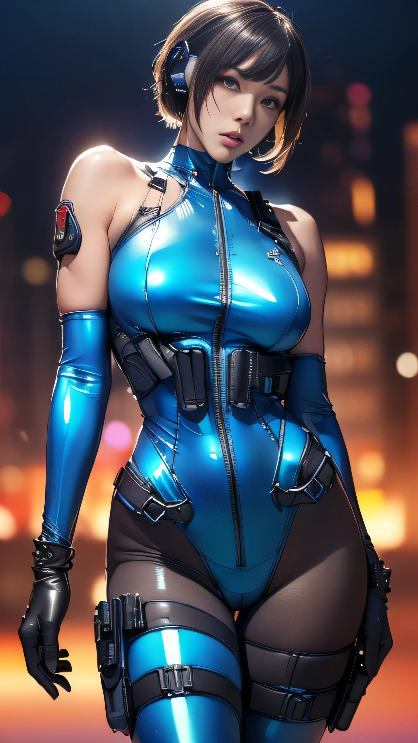 (A woman),(((A female member of the Future Force stands))),((Shiny dark blue tactical high leg bodysuit:1.5)),((earphone:1.5)),((Tactical Holster:1.5)),(Gloves:1.5),(Serious:1.5),(Super short hair:1.5),(beautiful eyes:1.3),(Very detailedな顔:1.5),((Very detailed drawing of a female hand:1.5)),(((muscular:1.5))),((Sexy appearance:1.5)),((Thick thighs:1.5)),(Beautiful Body:1.5),((Very sensual:1.5)),(The backdrop is a futuristic city:1.5),(Cyberpunk atmosphere:1.5),(((Blurred Background:1.5))),(Written border depth:1.5),rest(((masterpiece:1.5),(best quality:1.5),(Very detailed:1.5),(high resolution:1.5),(Practical:1.5),(Practical:1.5),(Delicate depiction),(Carefully drawn))),8k,wallpaper, camel toe