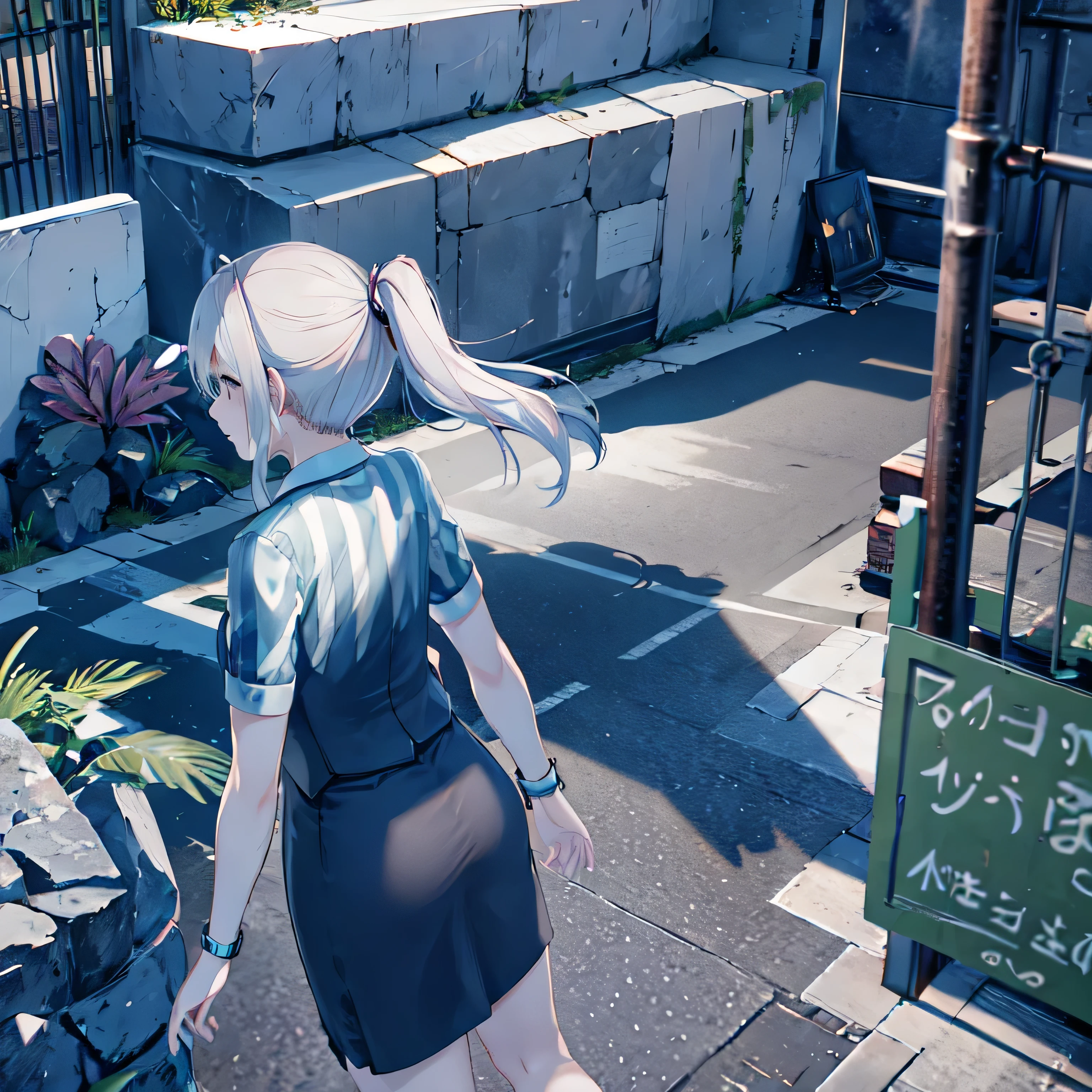 1girl, outdoors, standing, night, night sky, looking at viewer, from back, smile, brush, cityscape, neon city
