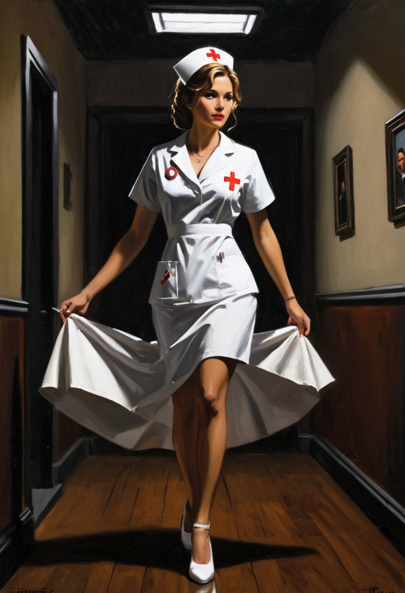 Nurse, full body, by Fabian Perez, cinematic still, (best quality, masterpiece), very aesthetic, perfect composition, photorealistic, intricate details, ultra-detailed, vivid colors