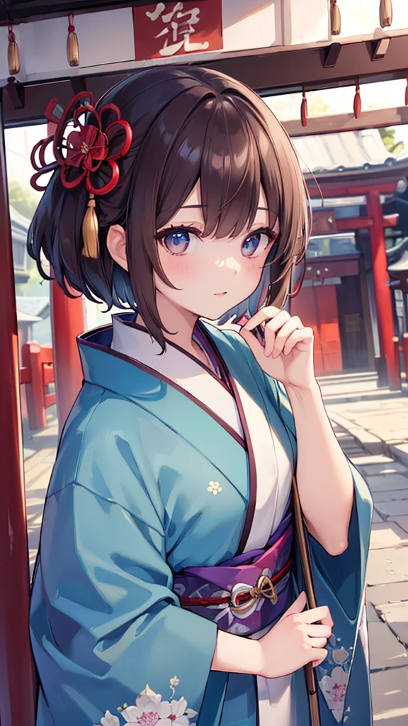 ((Highest quality, 8k, masterpiece: 1.3)), Highly detailed face and skin texture, Detailed eyes, Traditional Japanese Kimono, Blue kimono, Long-sleeved kimono, Brown Hair, short hair, Hairpin, From above, At a shrine in Kyoto