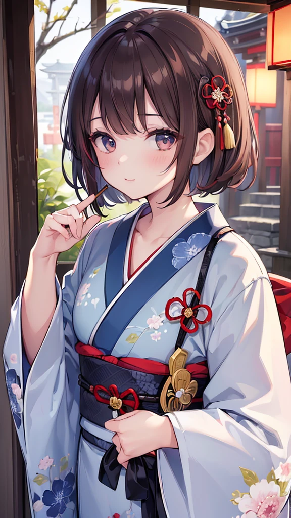 ((Highest quality, 8k, masterpiece: 1.3)), Highly detailed face and skin texture, Detailed eyes, Traditional Japanese Kimono, Blue kimono, Long-sleeved kimono, Brown Hair, short hair, Hairpin, From above, At a shrine in Kyoto