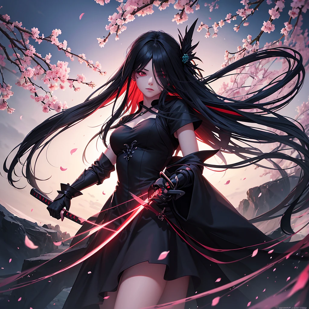 /img Beautiful 18 year old female grim reaper black flowing dress wielding two katanas blue red and green lights illuminating the scene falling cherry blossom petals nighttime outdoor setting 8k resolution concept art masterpiece highdefinition highquality detailed trending on pixiv.