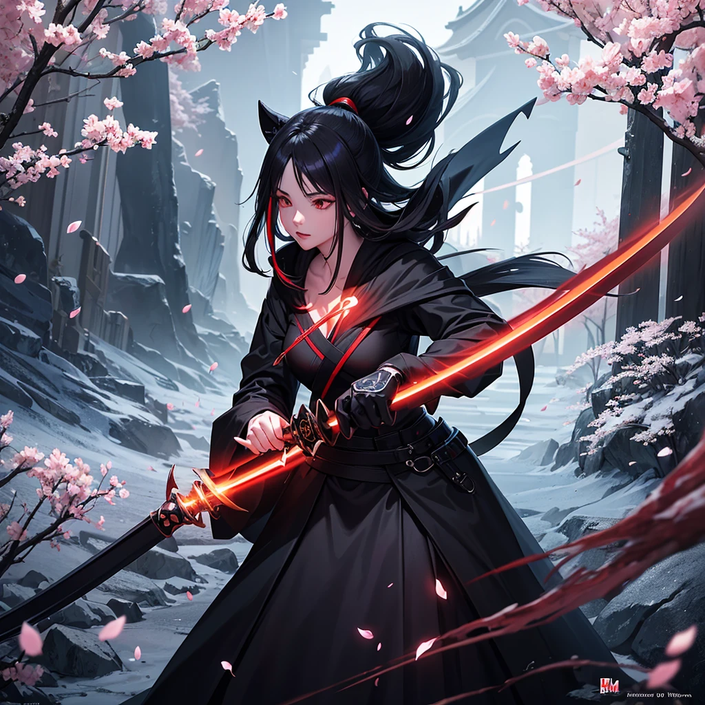 /img Beautiful 18 year old female grim reaper black flowing dress wielding two katanas blue red and green lights illuminating the scene falling cherry blossom petals nighttime outdoor setting 8k resolution concept art masterpiece highdefinition highquality detailed trending on pixiv.
