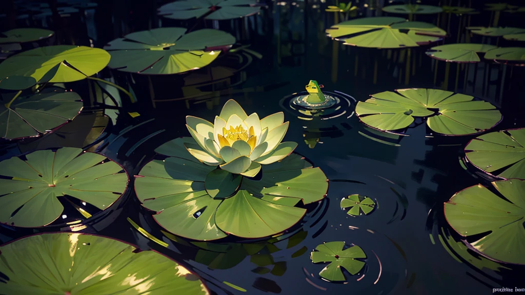 (Highest quality,4K,8k,High resolution,masterpiece:1.2),Very detailed,(Realistic,photoRealistic,photo-Realistic:1.37),A frog sitting on a water lily leaf catching insects,Moonlit Swamp,Sparkling lotus,Reflection on the surface of the water,Foggy,Water Ripples,Serene atmosphere,Bright green water lily leaves,rich vegetation,Night atmosphere,Subtle Shadows,crisp texture,Shining moonlight,Shining Star,Dreamy scene,Mysterious glow,Dim surroundings,Quiet environment,Silence of the Night,Detailed texture of a frog,The subtle wrinkles of a water lily leaf,Silhouette of a frog in the moonlight,Delicate webbed feet,The complex patterns on a frog&#39;s body,frog smooth skin,Slender body proportions,The frog has a look of curiosity in its eyes,Glowing water droplets on the surface of a water lily leaf,Fascinating moonlight reflections,Subtle color changes on the surface of water lily leaves,The faint chirping of insects in the background,The sound of frogs croaking quietly echoes in the distance.,Cool overall color palette,Soft and diffused moonlight,A subtle play of light and shadow