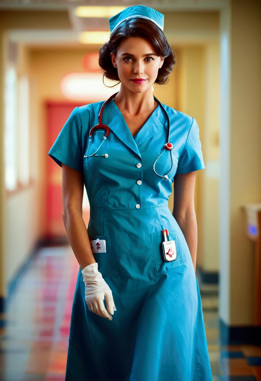 arafed woman in a blue uniform leaning against a pole, a portrait by Pamela Ascherson, flickr, symbolism, uma thurman in kill bill, nurse, nurse girl, promotional still, christina applegate, devon cady-lee, promo still, 1999, 1 9 9 9, high quality film still, circa 1 9 8 4