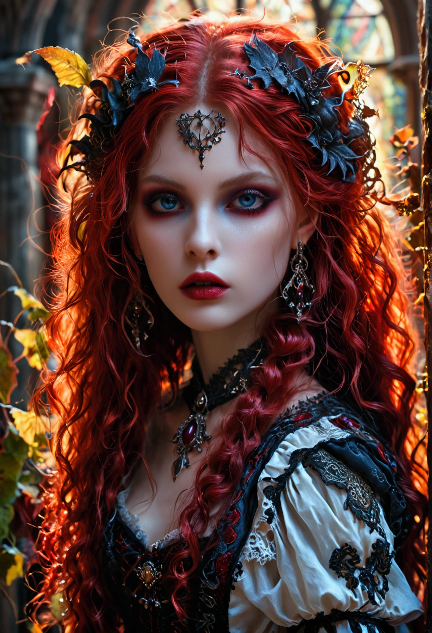 Insanely detailed photograph of a gorgeous vampire girl, goth Renaissance, long voluminous red hair, intricate eyes, fantastical, vampire, ethereal, hyperdetailed, 32k resolution, dynamic lighting, hyperdetailed, intricately detailed, trending on Artstation, triadic colors, volumetric lighting, BalenciagaStyle