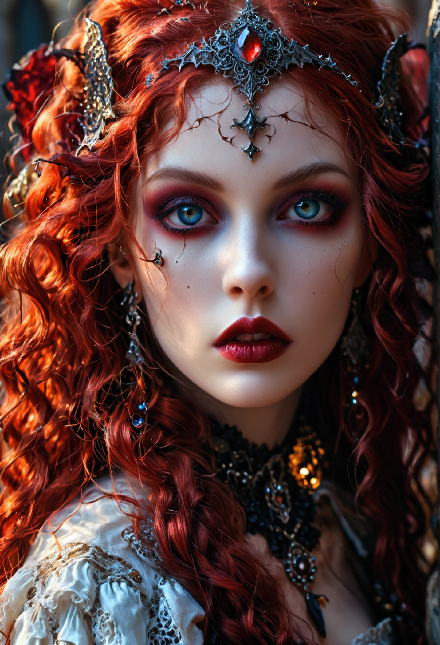 Insanely detailed photograph of a gorgeous vampire girl, goth Renaissance, long voluminous red hair, intricate eyes, fantastical, vampire, ethereal, hyperdetailed, 32k resolution, dynamic lighting, hyperdetailed, intricately detailed, trending on Artstation, triadic colors, volumetric lighting, BalenciagaStyle
