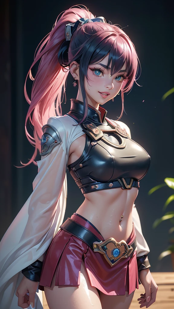 (style: 8k uhd, masterpiece, realistic, extremely detailed 8k wallpaper, hyper-detailed portraiture, ambient light, 3200-megapixel, 32k UHD, realism, natural photography, Gaussian blur, high saturation, high contrast, high lighting, realism, full body shot) (((decent pink makeup, fox-girl 19 years old, seductive generous stunningly petite hourglass figure))) (((Mikume, 1 girl, 19 years old, 1 girl 20 years old, wearing an futuristic Japanese samurai armor, a katana in her hand, she has short dark blue hair, a ponytail on the side, she has green eyes, a very athletic body, sweaty from hard training, parted lips, long eyelashes, cute lovely face, cute smile))) (Name: Mikume, a 19 Years old Samurai fox-Girl very attractive, training hard in her sword art, she is training in an futuristic training room, she is very sweaty, her cheeks are reddish from the hard training and the exertion, she is wearing an futuristic samurai armor for women with a deep neckline and a skimpy leather skirt with undercoat(earrings and navel piercing) (((realistic))), ((athletic figure)), (((parted lips))) (((skin luster: 1.3))) (((glowing skin: 1.2)))
