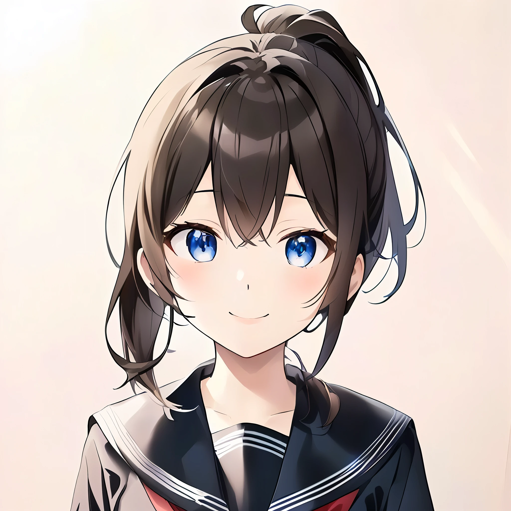((masterpiece)), ((Highest quality)), ((A 16-year-old high school girl with brown hair and deep blue eyes.)), ((ponytail)), (Sailor suit), Vivid and beautiful anime girl, Shiny clothes, Detailed Key Anime Art, Smooth anime CG art, Detailed portrait of an anime girl, ((light smile)), ((Super detailed)), (アニメ:1.1)
