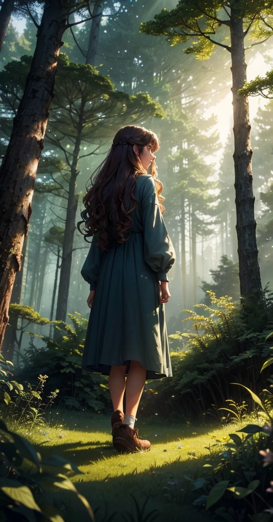 a highly detailed, comforting moonlit meadow in a lush forest at night, dense old-growth trees, mossy rocks, long grass, wildflowers, dramatic lighting, moody, cinematic, muted colors, deep shadows, glowing moonlight, mystical, ethereal, serene, night sky, stars, best quality, 4k, 8k, highres, masterpiece, ultra-detailed, ghibli themed animated. not far from the a long, curly-haired girl stood wearing a hiking outfit.Her hair cascaded down her back in wild, free-spirited curls, contrasting with the calmness around her. She turned to look back at the peaceful scene, where vibrant flowers carpeted the ground and cute animals roamed freely. Butterflies danced among the blossoms, and the air was filled with the gentle rustling of leaves and the melodious songs of birds. The forest seemed alive with a tranquil beauty, inviting and comforting in its natural splendor.